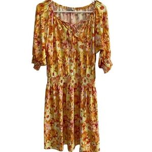 Floral Smocked Waist Midi Dress Tie Neck Cottagecore Boho Yellow Pink‎ M